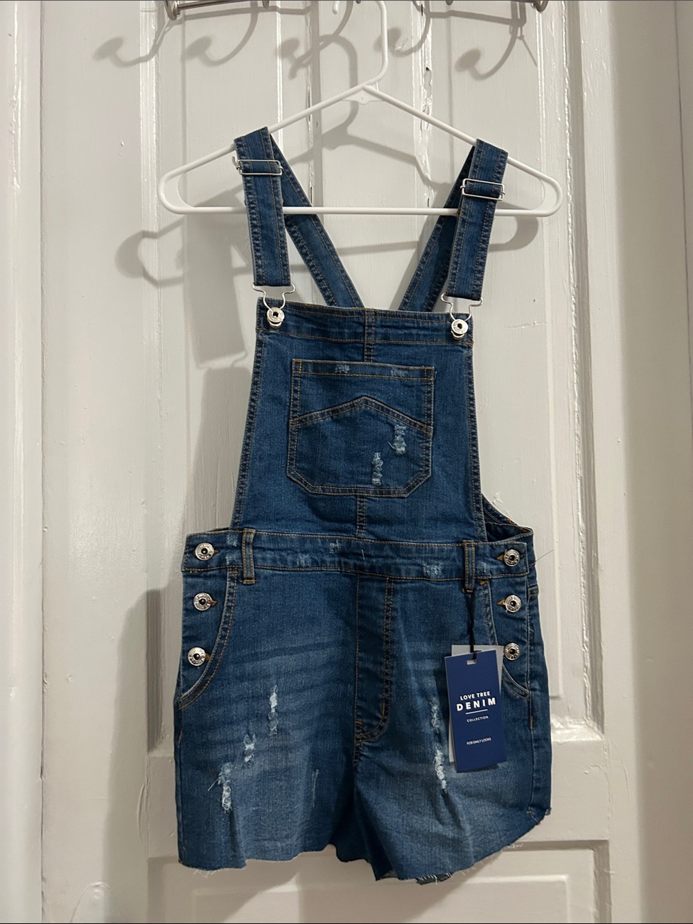 Denim Short Overalls - Blue Distressed